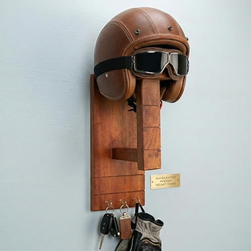 Handcrafted Wooden Helmet Stand Wall Mount with Hooks