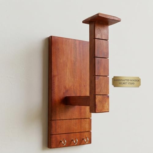 Handcrafted Wooden Helmet Stand Wall Mount with Hooks